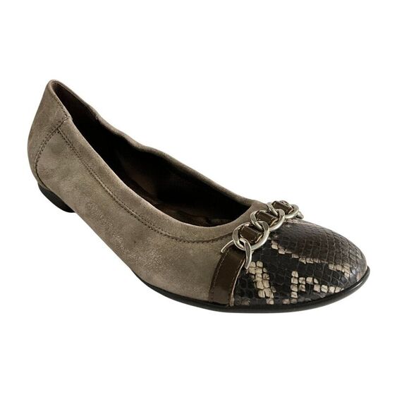 AGL Leather Ballet Flats Low Heel Snake Print Cap-toe Brown 40 - Picture 1 of 12